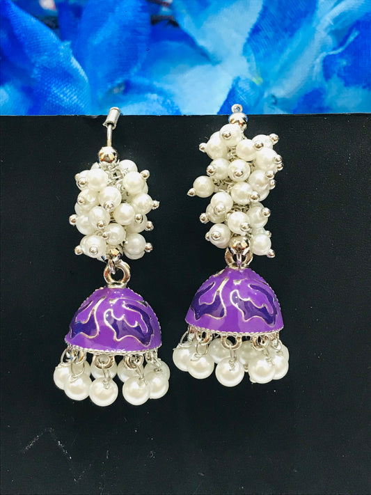 Attractive Purple Color Oxidized Beaded Work Earrings For Women