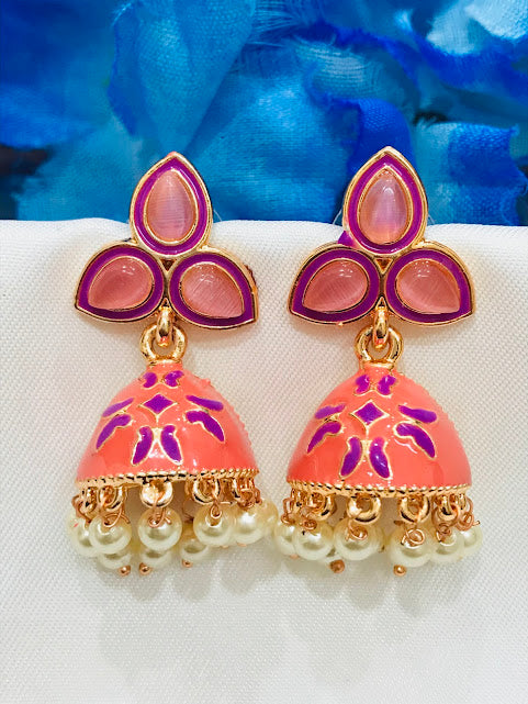 Delightful Pink Colored Gold Plated Beaded Work Jhumka Earrings