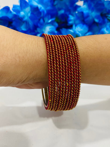 Gorgeous Maroon Color Gold Plated Designer Bangle Sets With Glitter And Lehar Shape