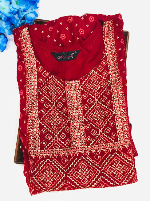 Attractive Red Color Rayon Embroidery With Printed Work Near Me