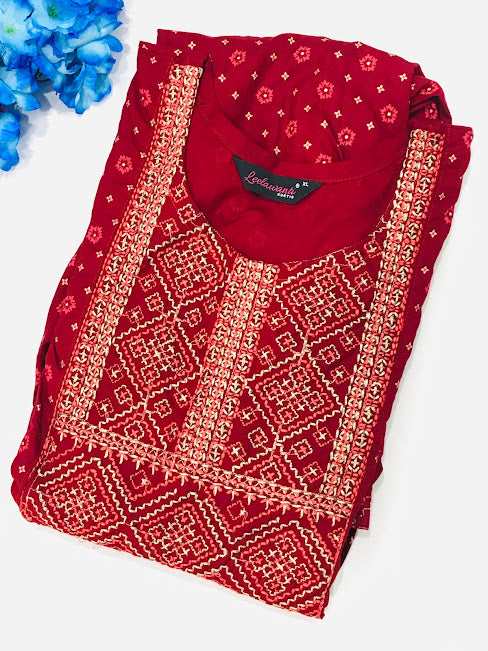 Attractive Red Color Rayon Embroidery Work Kurti In Sedona