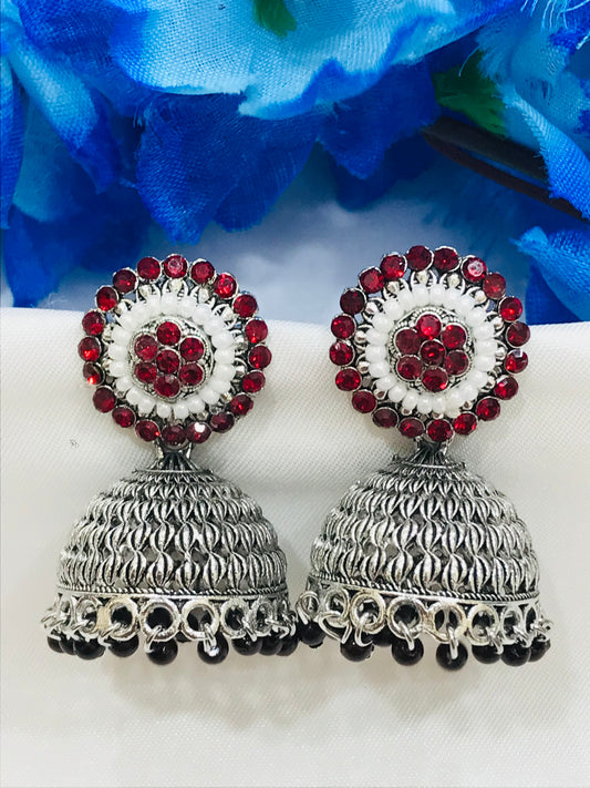 Appealing Oxidized Maroon Color Stone Work Jhumka Earrings