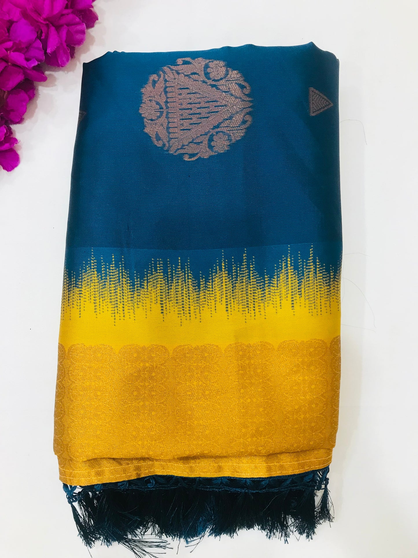 Beautiful Blue And Yellow Colored Soft Silk Saree With Contrast Border For Women