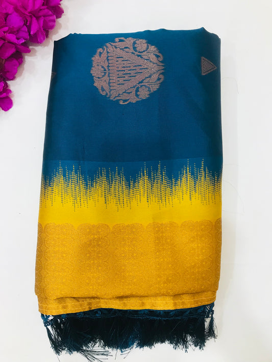 Beautiful Blue And Yellow Colored Soft Silk Saree With Contrast Border For Women