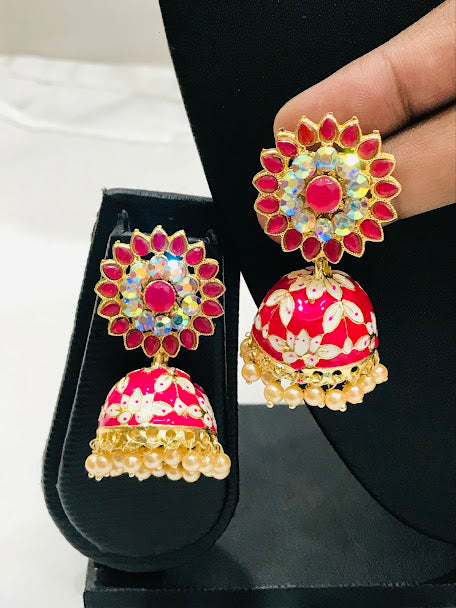 Attractive Pink Color Gold Plated Jhumkas