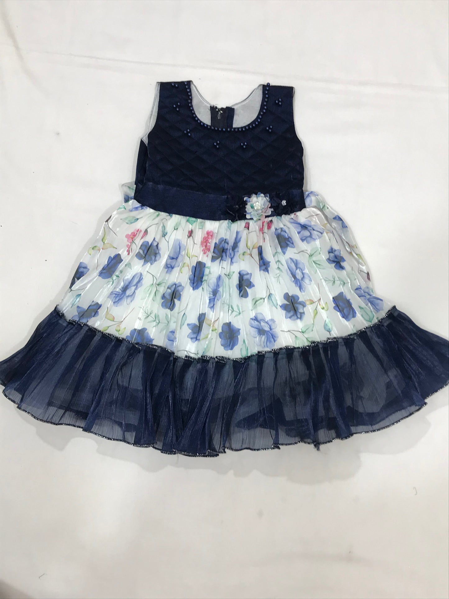 Beautiful Blue Color Satin Silk With Floral Design Frock For Kids