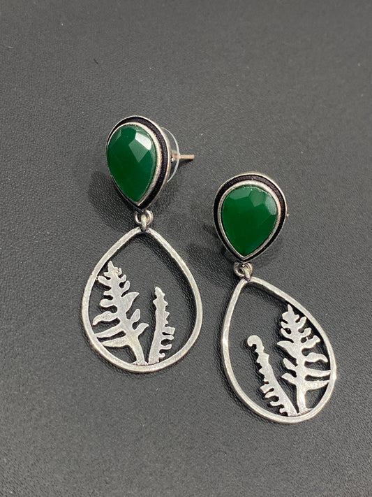 Lovely Emerald AD Stone Beaded Round Shaped Light Weight Silver Plated Oxidized Earrings