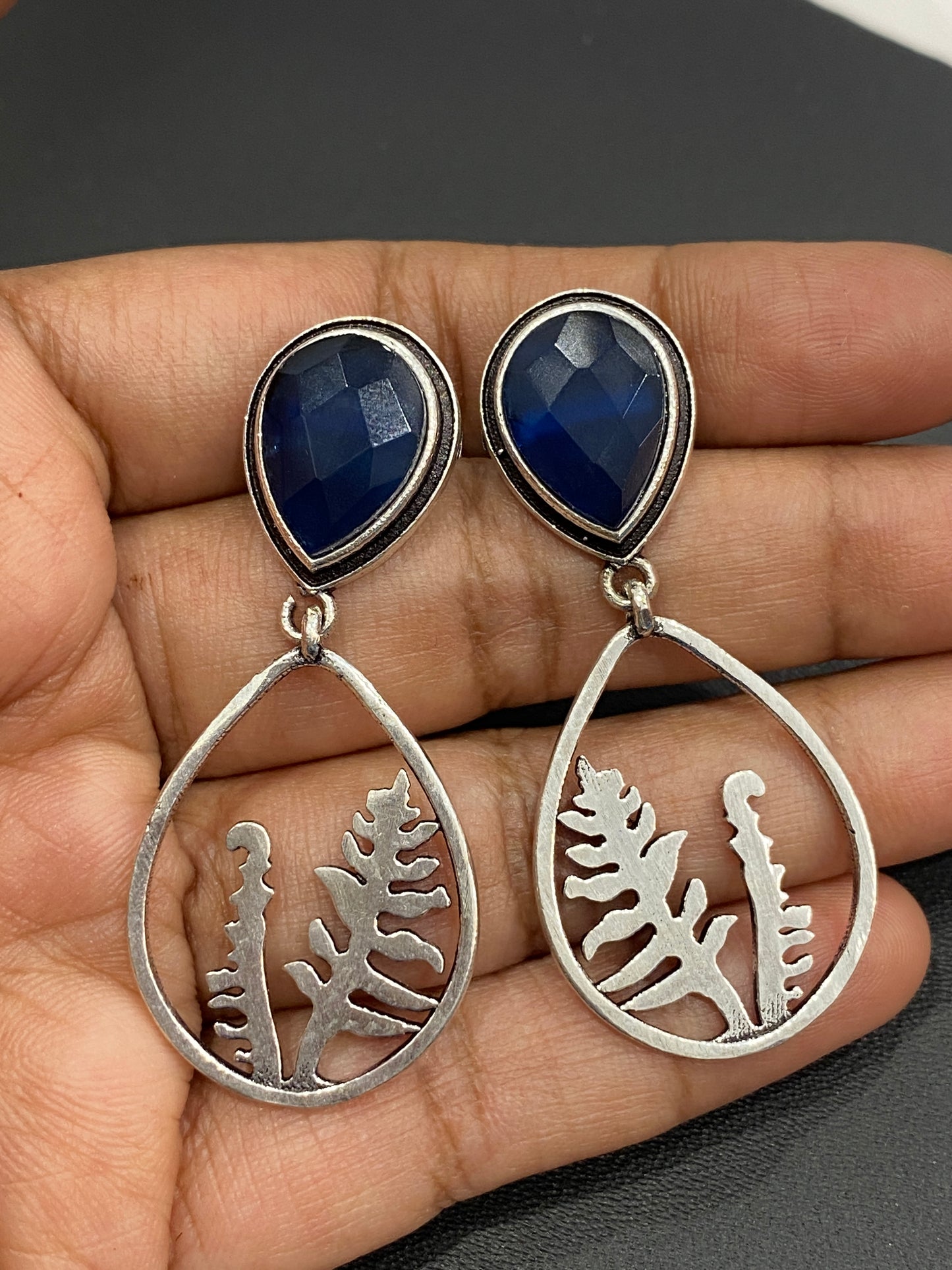 Blue Color AD Stone Beaded Silver Plated  Oxidized Earrings near Me