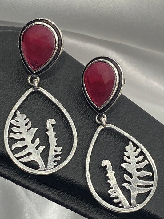 Appealing Ruby AD Stone Studded Silver Plated Oxidized Earrings
