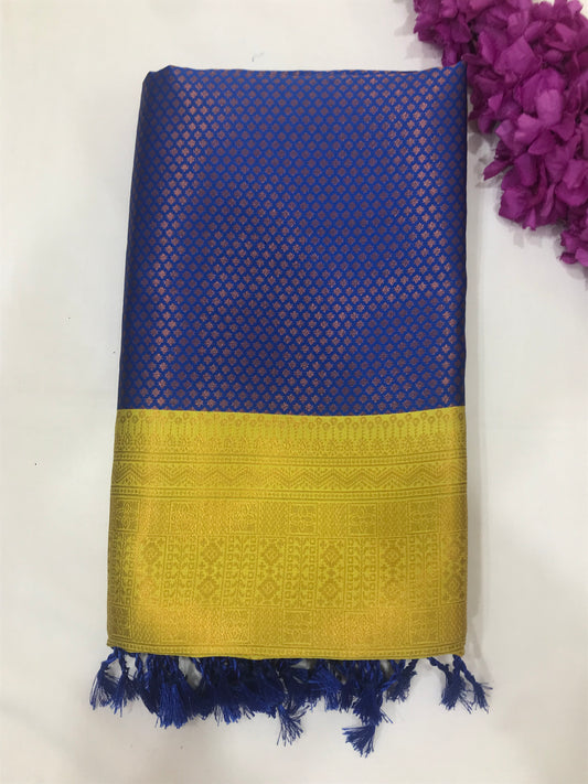 Appealing Blue With A Golden Yellow Border Colored Soft Silk Saree For Women