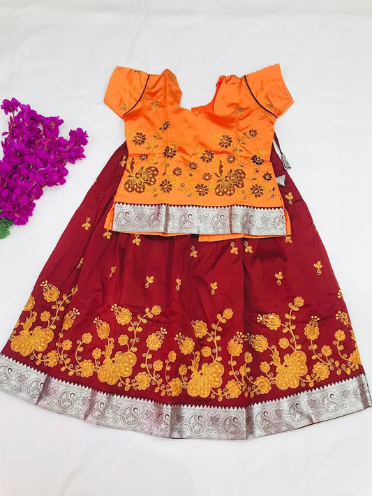 Beautiful Orange Colored Langa Set With Embroidery Work