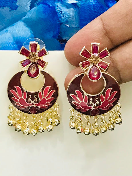 Dazzling Gold Plated Maroon Color Beaded Work Earrings For Women