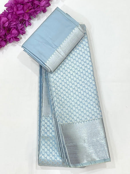 Dazzling Skyblue Color Self Design Art Silk Saree With Silver Zari Border And Rich Pallu