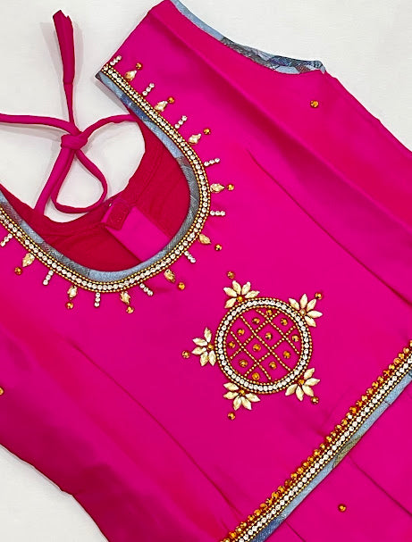 Pink Colored Silk Langa Sets With Stone Work In Surprise