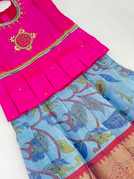 Pink Colored Silk Langa Sets With Stone Work In Chandler