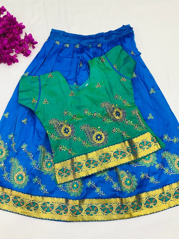 Stunning Green Colored Silk Langa Set With Zari Design