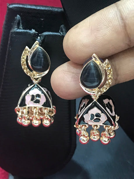 Dazzling Gold Plated Black Color Beaded Work Earrings For Women