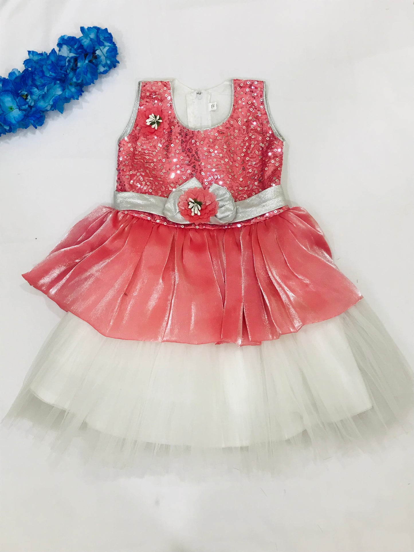 Alluring Peach Color Satin Silk Sequins Work Frock For Kids