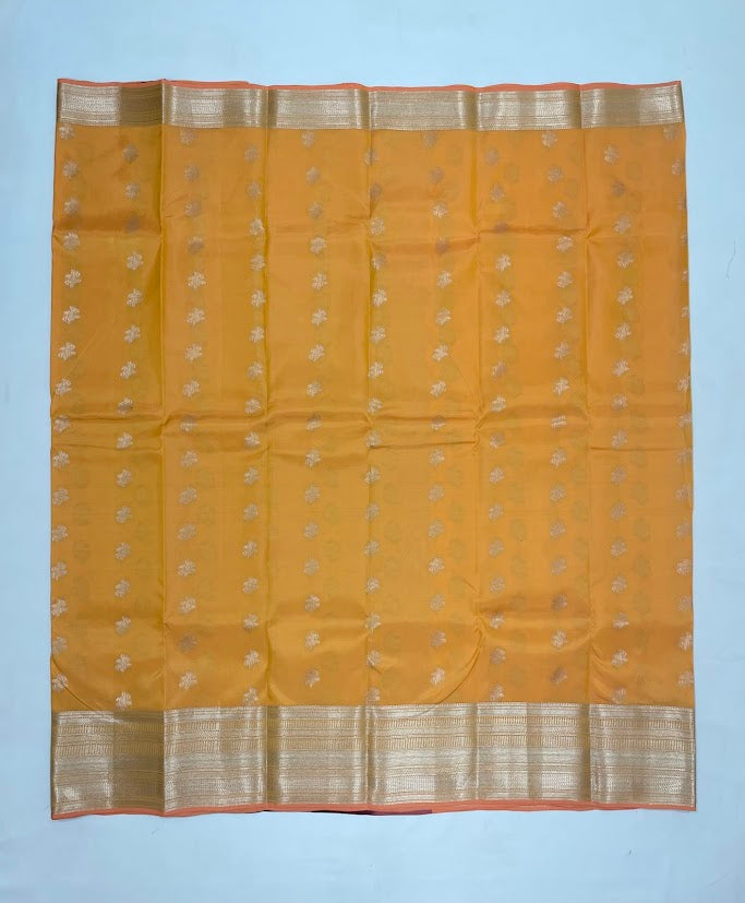 Alluring Light Orange Color Pure Kanchi Silk With Gold Zari Work Saree For Women In Mesa