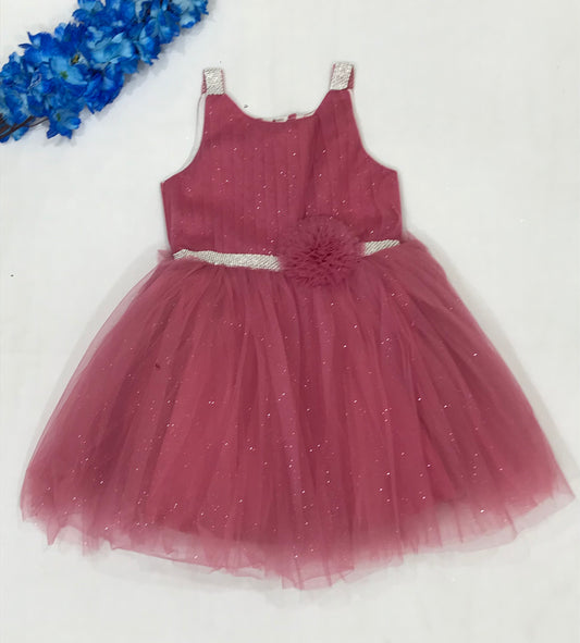 Sparkle Wine Red Colored Kids Party Wear Net Frock
