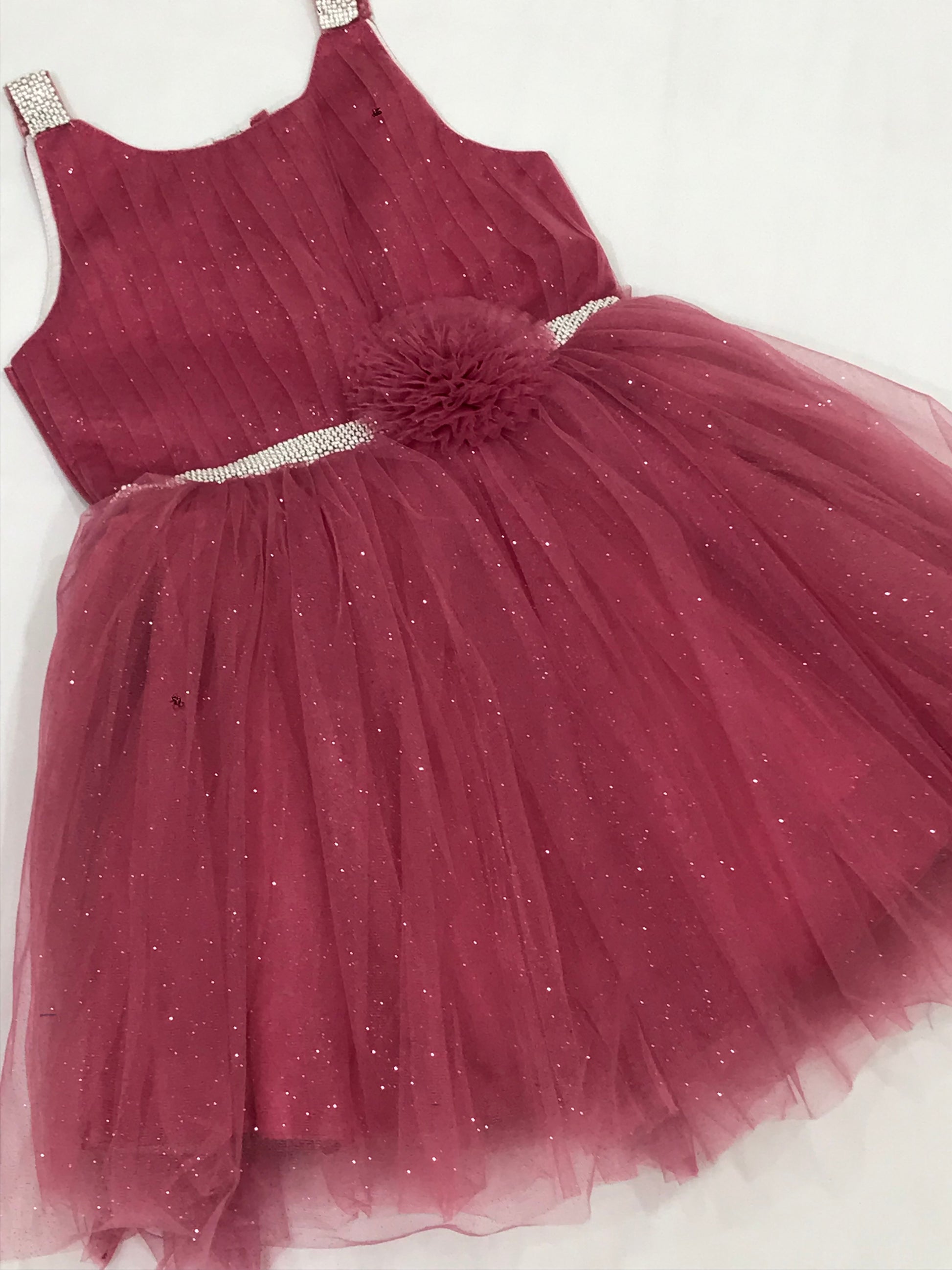 Sparkle Wine Red Colored Kids Party Wear Net Frock In Tempe