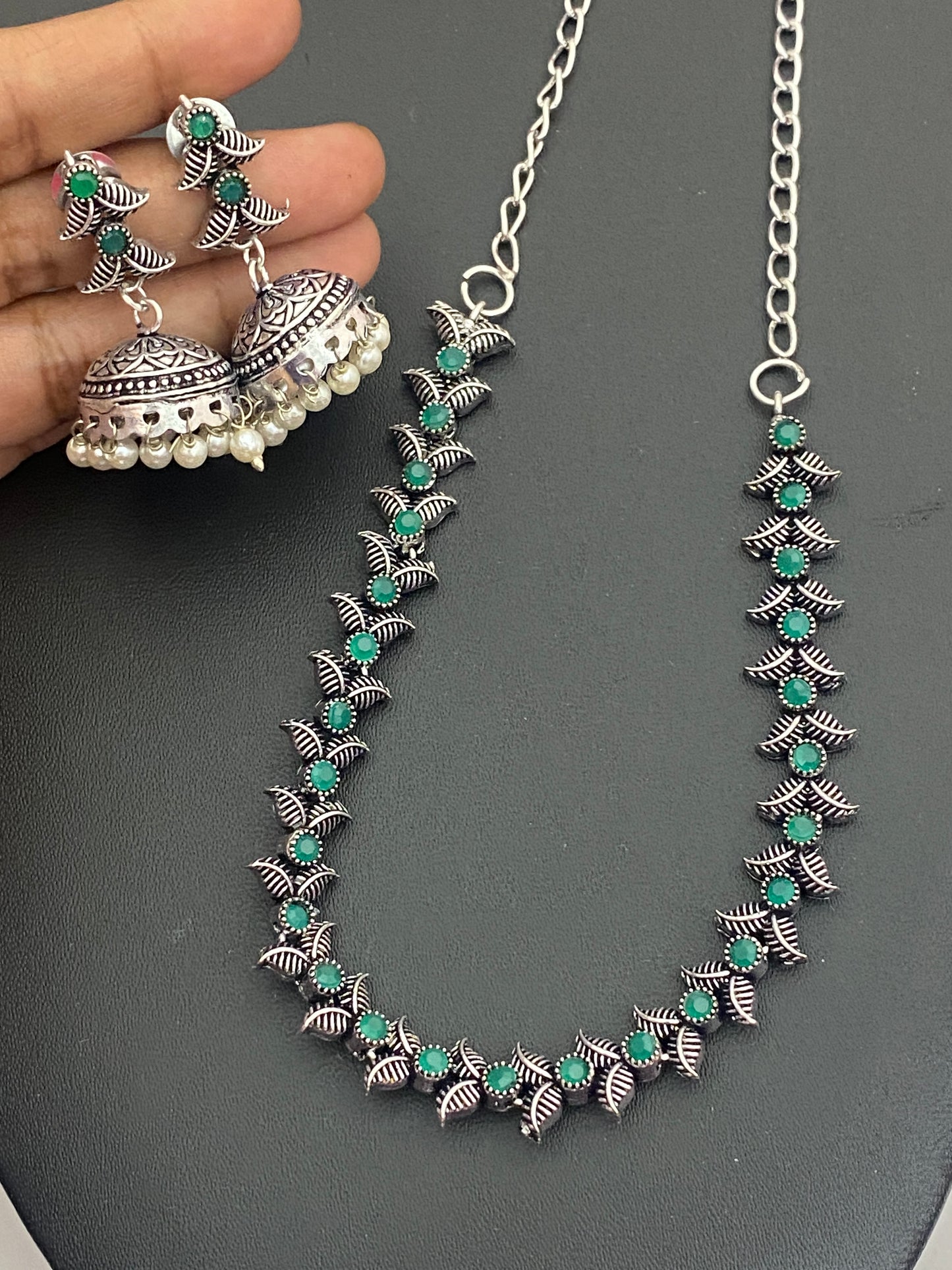 Lovely Green Stone Beaded Leaf Designed German Silver Plated Oxidized Necklace in USA