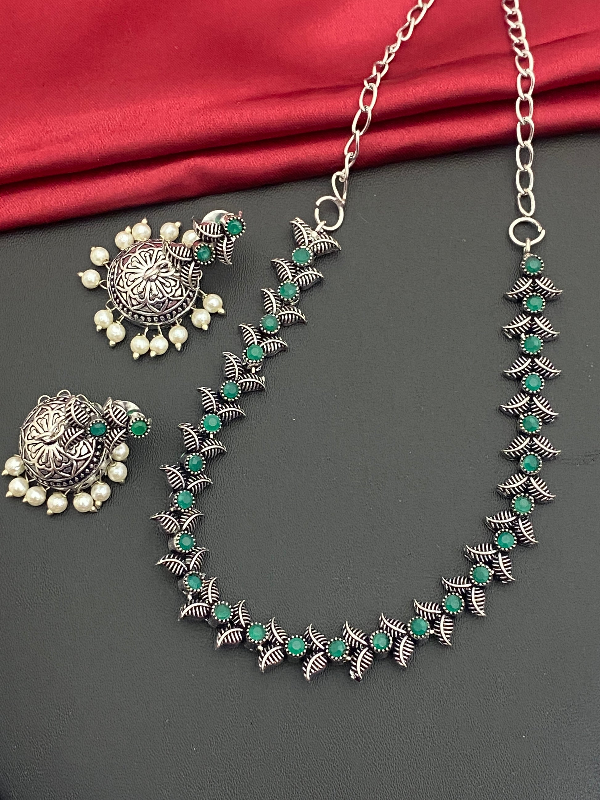 Green Stone Beaded Leaf Designed German Silver Plated Oxidized Necklace Set With Earrings Near Me