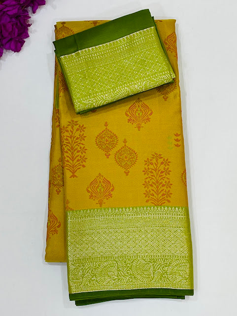 Charming Mustart Yellow Color Pure Kanchi Silk Gold Zari Work Saree For Women - SILKMARK CERTIFIED