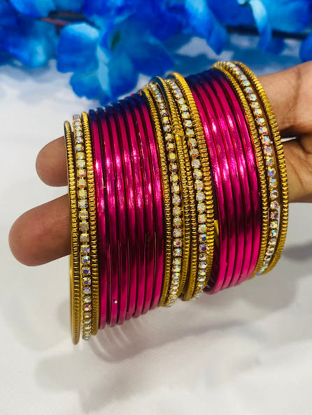 Pink Color Gold Tone Stone Studded Ethnic Style Thin Metal Bangle Sets Near Me