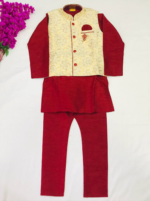 Elegant Maroon Color Boys Kurta Pajama Sets With Brooch Pin