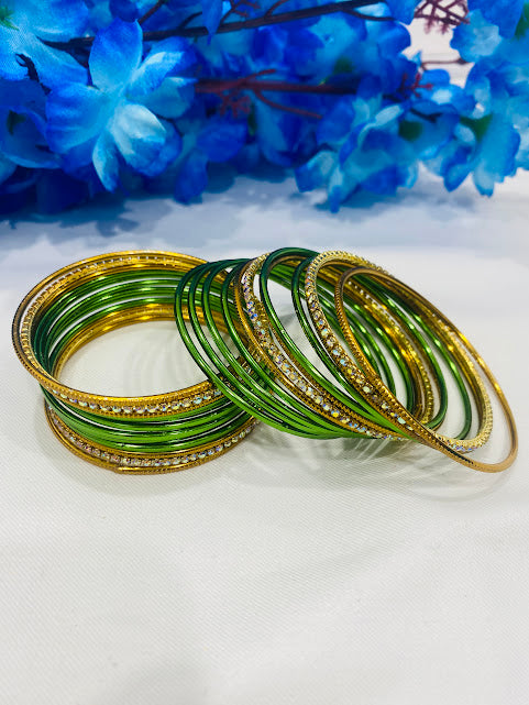 Shimmering Graceful Green Color Stone Studded Designer Metal Bangle Sets