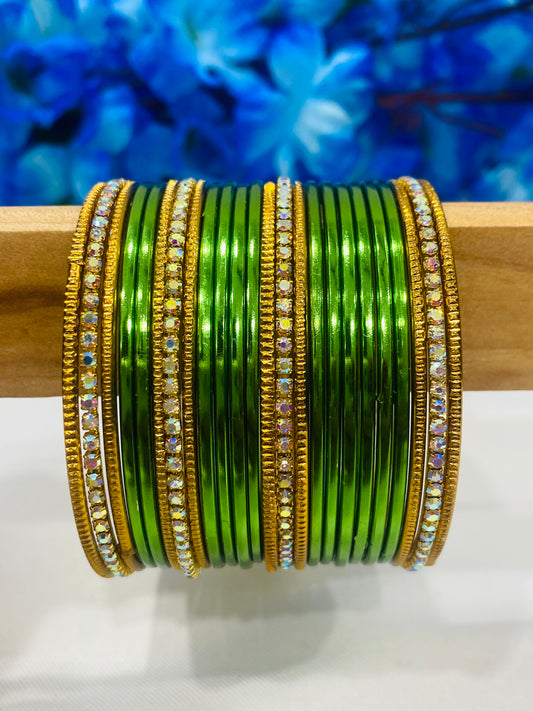 Shimmering Graceful Green Color Stone Studded Designer Metal Bangle Sets