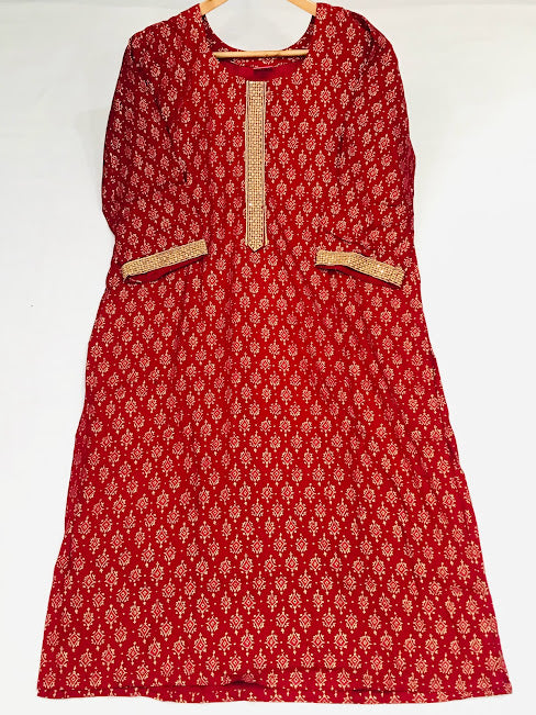 Gorgeous Red Color Sequence With Printed Work Rayon Kurti For Women