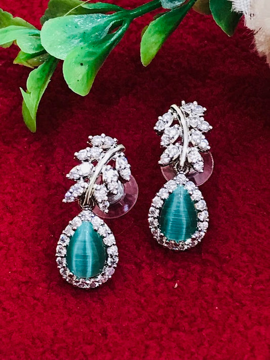 Beautiful Teal Green Color American Diamond Earrings