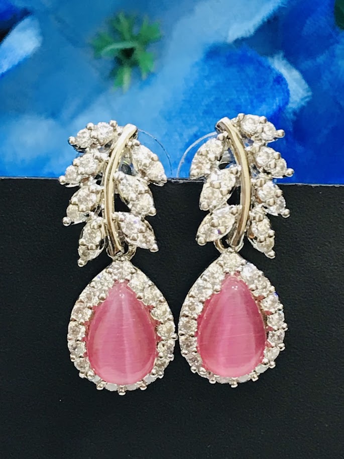 Beautiful Pink Color American Diamond Earrings In Suncity