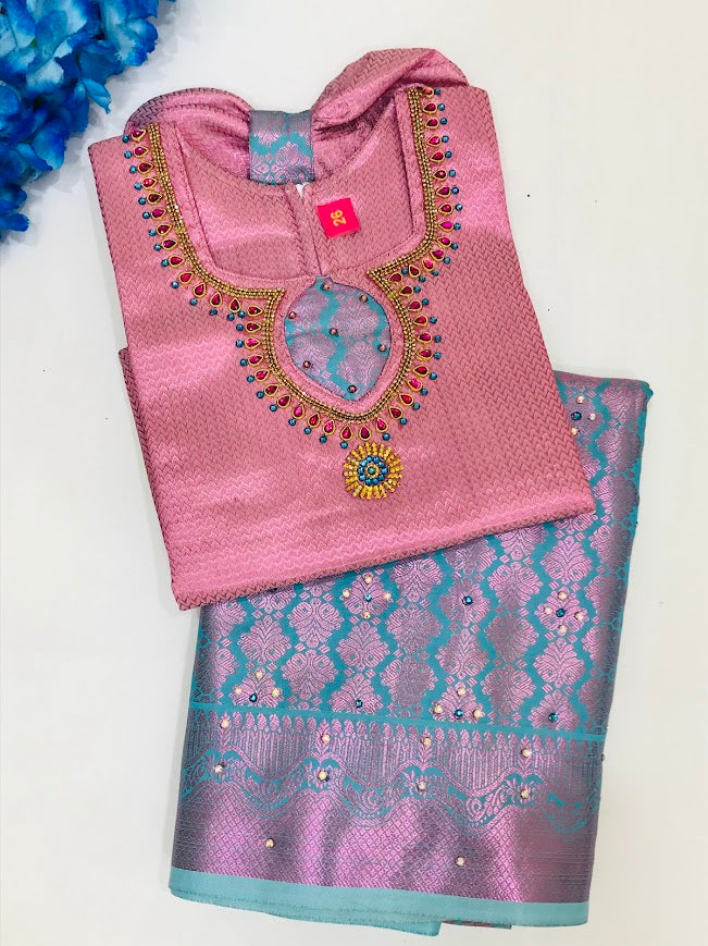 Amazing Pink Color Silk Embroidery And Stone Work  Pattu Langa Sets For Girls Near Me