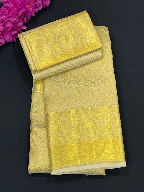 Elegant Gold Color Kanchi Silk Saree With Gold Zari Work Saree For Women - SILKMARK CERTIFIED