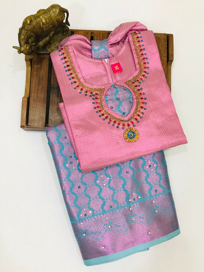 Pink Color Silk Embroidery And Stone Work  Pattu Langa Sets In USA