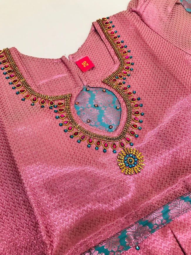Pink Color Silk Embroidery And Stone Work  Pattu Langas For Girls In Mesa