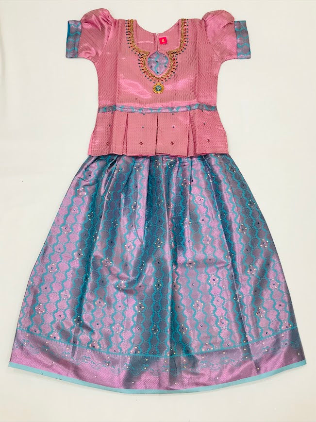 Amazing Pink Color Silk Embroidery And Stone Work  Pattu Langa Sets For Girls