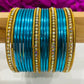 Appealing Sky Blue Color Beads Studded Thin Metal Bangle Sets