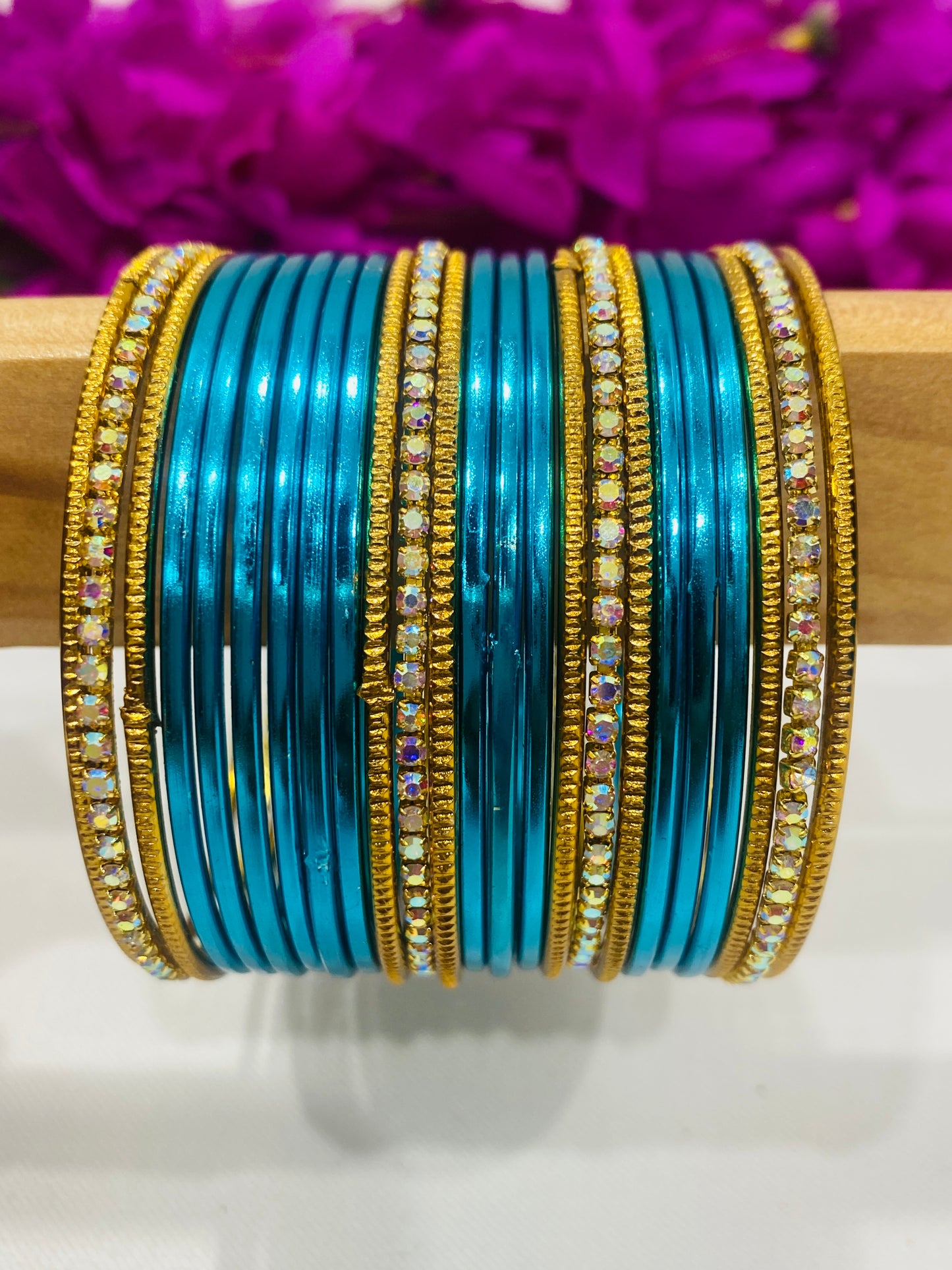 Appealing Sky Blue Color Beads Studded Thin Metal Bangle Sets