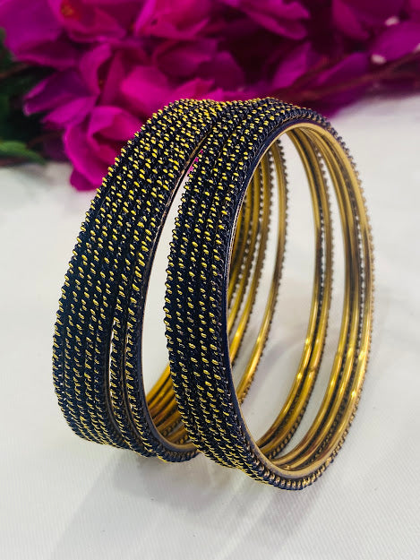 Traditional Dark Blue Color Bollywood Style Indian Fancy Thin Gold Plated Bangles