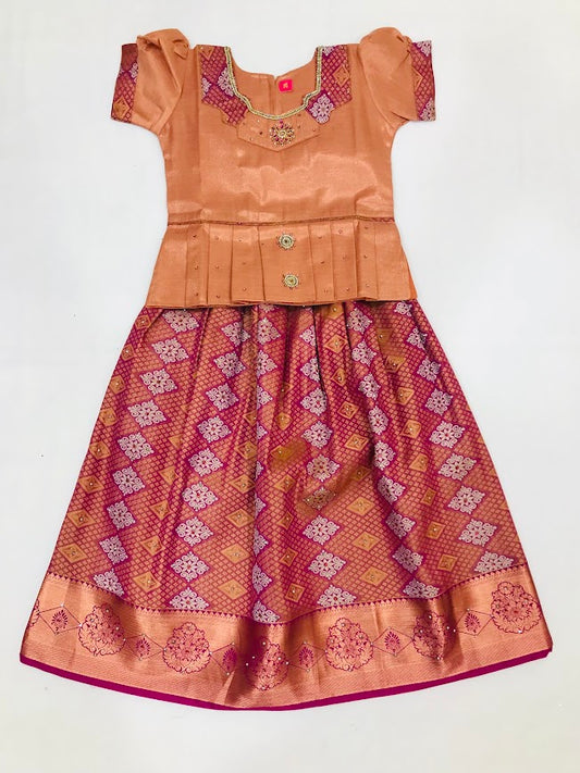 Alluring Maroon Color Silk Embroidery And Stone Work  Pattu Langa Sets For Girls