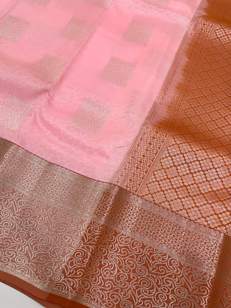 Light Pink Color Kanchi Silk With Silver Zari Work Saree In Tempe