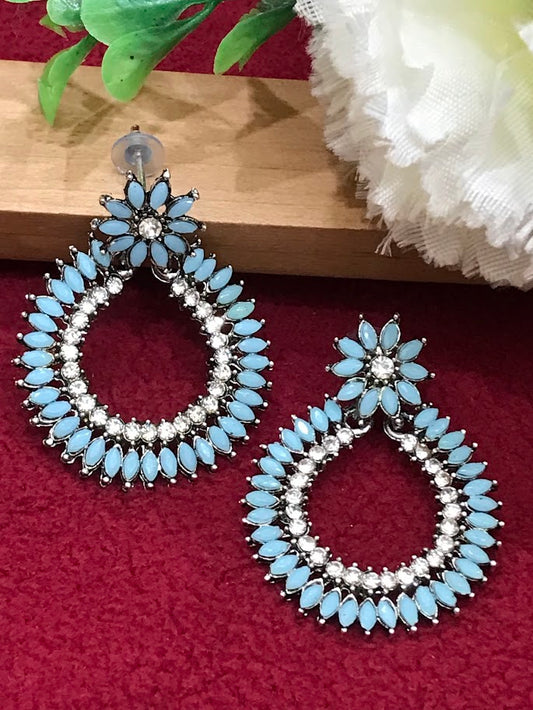 Elegant Sky Blue Colored With White Stone Design Oxidized Earrings