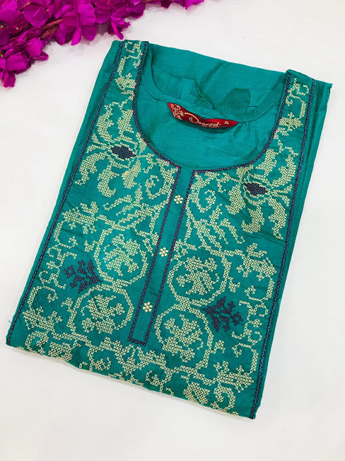 Gorgeous Teal Blue Color Rayon Kurti With Embroidery Work In Mesa