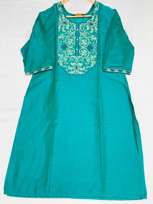 Gorgeous Teal Blue Color Rayon Kurti With Embroidery Work For Women