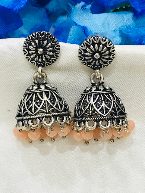 Stunning Peach Colored Oxidized Jhumka Earrings