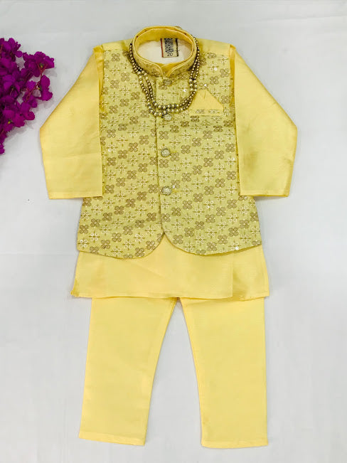 Beautiful Lemon Yellow Full Sleeves Solid Kurta & Salwar With Floral Embroidered Jacket